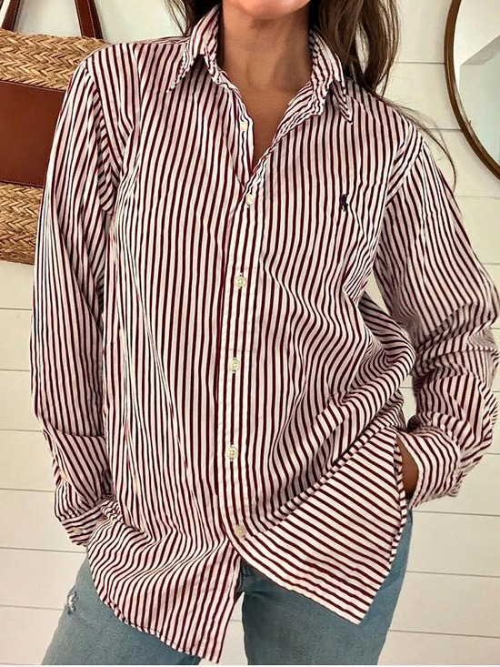 Polo Ralph Lauren Tops - Polo Ralph Lauren Burgundy Maroon Stripe Oxford Shirt Men’s Large Classic Fit